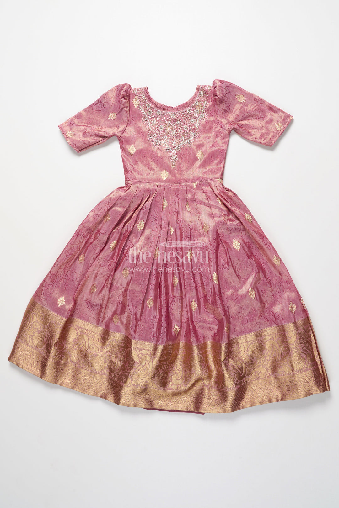 The Nesavu Girls Silk Gown Girls Silk Gown with Zari Border for Weddings and Festive Functions Nesavu Nesavu girls silk gown zari border embroidered yoke weddings cultural celebrations