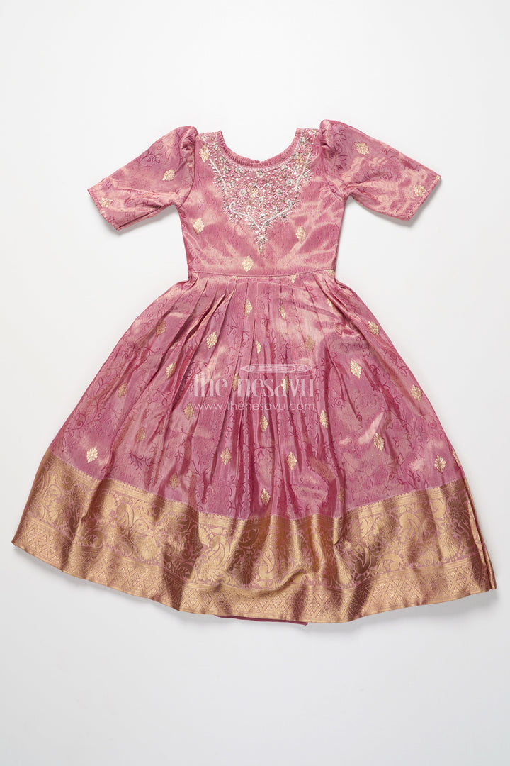 The Nesavu Girls Silk Gown Girls Silk Gown with Zari Border for Weddings and Festive Functions Nesavu Nesavu girls silk gown zari border embroidered yoke weddings cultural celebrations