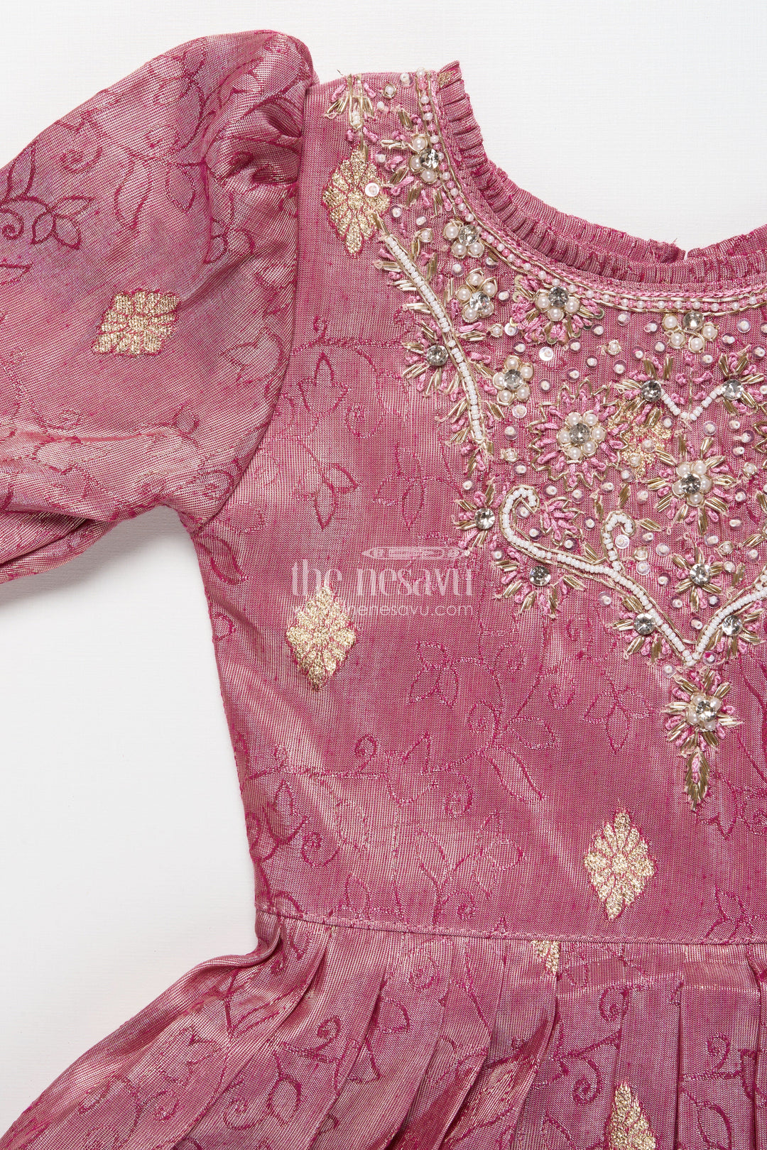 The Nesavu Girls Silk Gown Girls Silk Gown with Zari Border for Weddings and Festive Functions Nesavu Nesavu girls silk gown zari border embroidered yoke weddings cultural celebrations