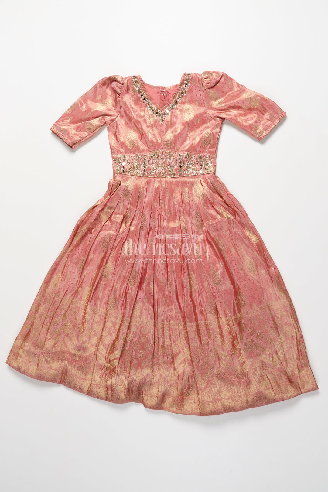 The Nesavu Girls Silk Gown Girls Silk Gown with Zari Border for Weddings and Festive Occasions Nesavu 24 (5Y) / Peach GA383B-24 Nesavu girls silk gown zari border embellished yoke weddings festive wear