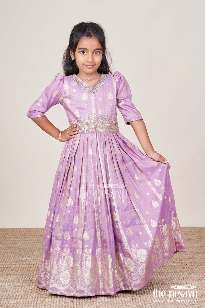The Nesavu Girls Silk Gown Girls Silk Gown with Zari Border for Weddings and Festive Occasions Nesavu 24 (5Y) / Pink GA383A-24 Nesavu girls silk gown grand zari border flare weddings cultural events