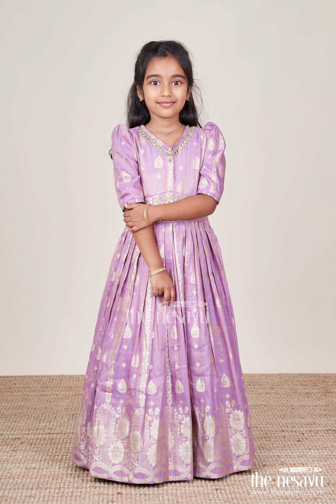 The Nesavu Girls Silk Gown Girls Silk Gown with Zari Border for Weddings and Festive Occasions Nesavu Nesavu girls silk gown grand zari border flare weddings cultural events