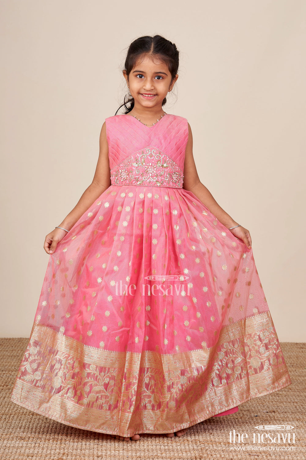 The Nesavu Girls Silk Gown Girls Silk Gown with Zari Border for Weddings and Grand Occasions Nesavu Nesavu girls Kora tissue silk gown zari border weddings celebrations