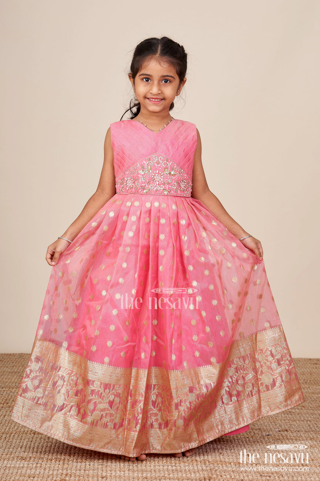 The Nesavu Girls Silk Gown Girls Silk Gown with Zari Border for Weddings and Grand Occasions Nesavu Nesavu girls Kora tissue silk gown zari border weddings celebrations