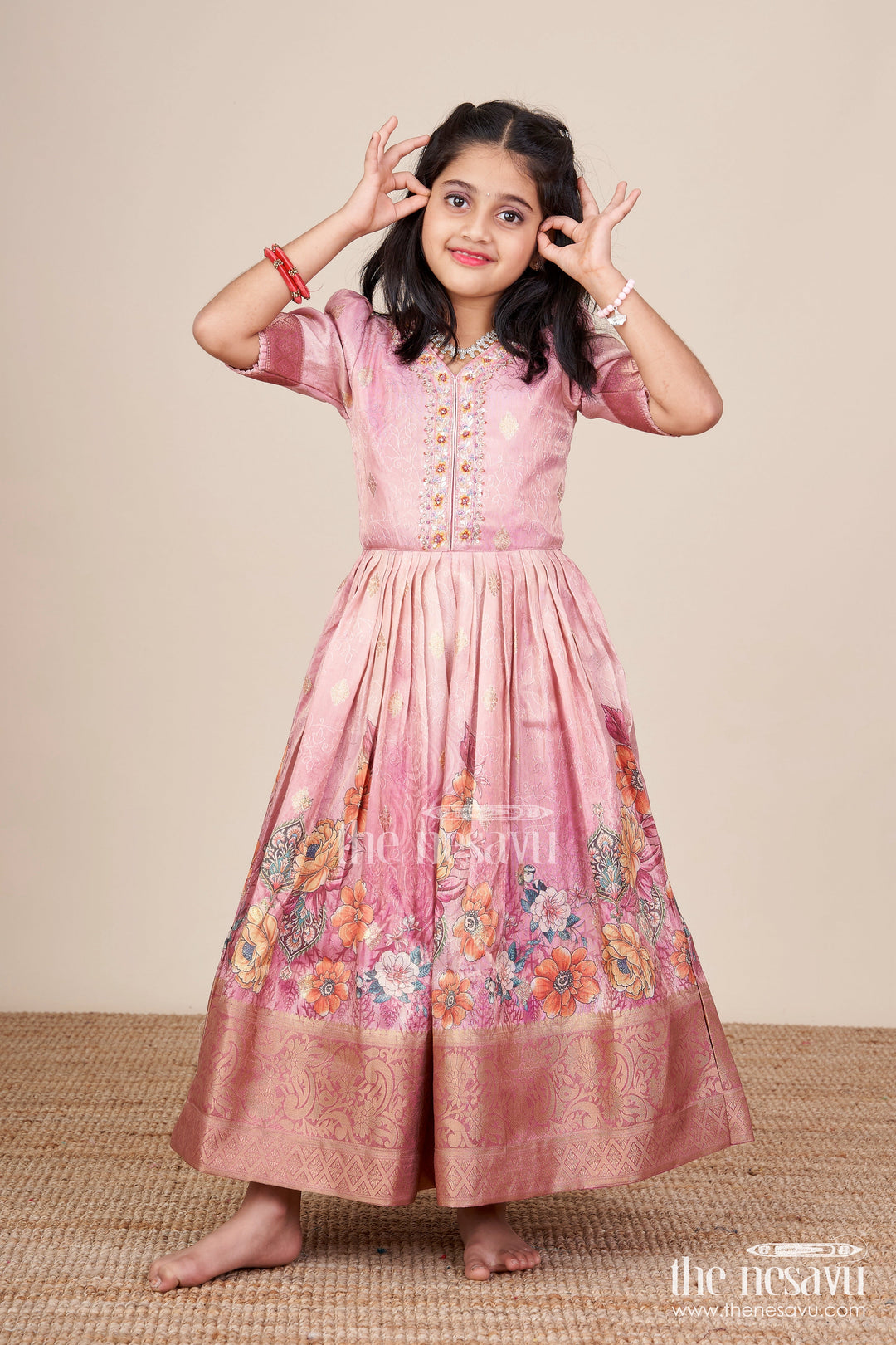 The Nesavu Girls Silk Gown Girls Silk Gown with Zari Border for Weddings and Traditional Occasions Nesavu 20 (3Y) / Peach GA381A-20 Nesavu girls silk gown big zari border weddings birthdays traditional celebrations
