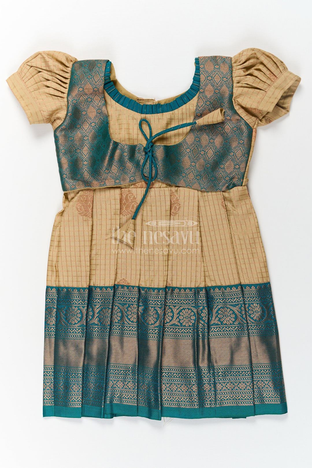 The Nesavu Girls Kanchi Silk Frock Girls Silk Green Dress in Semi Kanchivaram with Puff Sleeves and Brocade Yoke for Traditional Charm Nesavu 14 (6M) / Green / Style 1 SF841AA-14 Girls Silk Green Dress in Semi Kanchivaram with Brocade Yoke and Elegant Puff Sleeve Design | The Nesavu