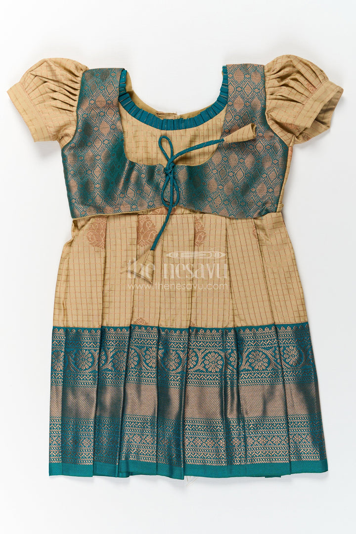 The Nesavu Girls Kanchi Silk Frock Girls Silk Green Dress in Semi Kanchivaram with Puff Sleeves and Brocade Yoke for Traditional Charm Nesavu 14 (6M) / Green / Style 1 SF841AA-14 Nesavu Girls Silk Green Dress in Semi Kanchivaram with Brocade Yoke and Elegant Puff Sleeve Design