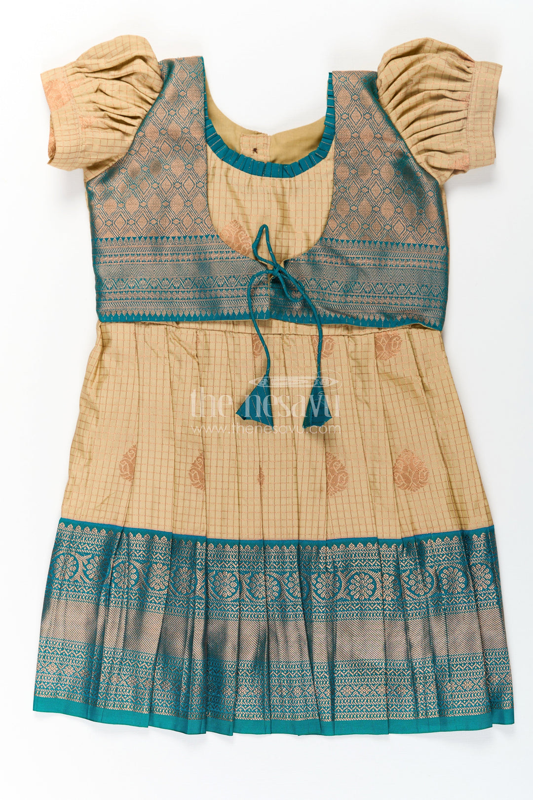 The Nesavu Girls Kanchi Silk Frock Girls Silk Green Dress in Semi Kanchivaram with Puff Sleeves and Brocade Yoke for Traditional Charm Nesavu 20 (3Y) / Green / Style 2 SF841AB-20 Girls Silk Green Dress in Semi Kanchivaram with Brocade Yoke and Elegant Puff Sleeve Design | The Nesavu