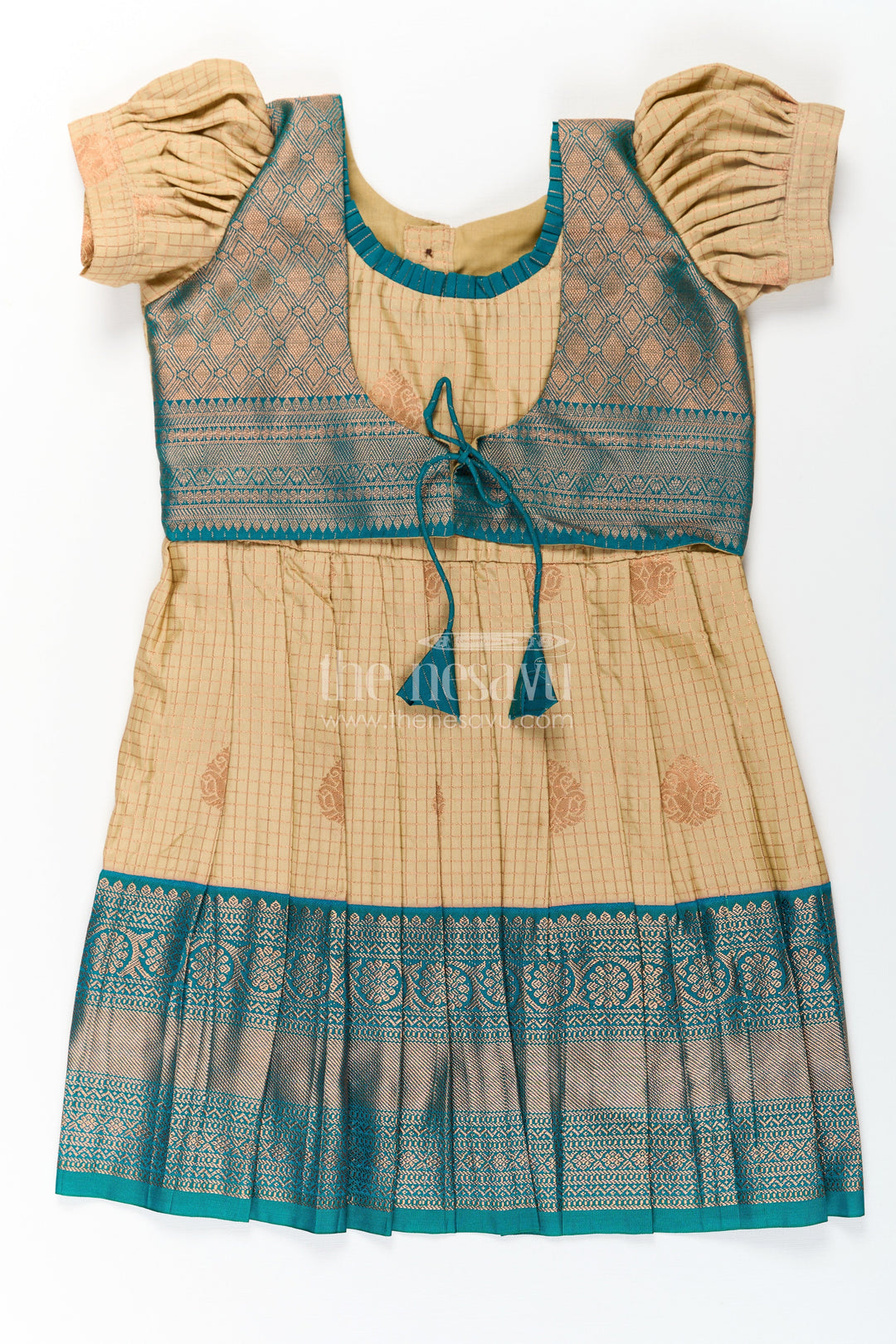 The Nesavu Girls Kanchi Silk Frock Girls Silk Green Dress in Semi Kanchivaram with Puff Sleeves and Brocade Yoke for Traditional Charm Nesavu 20 (3Y) / Green / Style 2 SF841AB-20 Nesavu Girls Silk Green Dress in Semi Kanchivaram with Brocade Yoke and Elegant Puff Sleeve Design