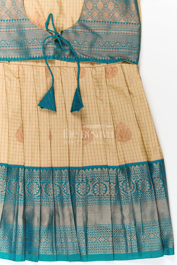 The Nesavu Girls Kanchi Silk Frock Girls Silk Green Dress in Semi Kanchivaram with Puff Sleeves and Brocade Yoke for Traditional Charm Nesavu Girls Silk Green Dress in Semi Kanchivaram with Brocade Yoke and Elegant Puff Sleeve Design | The Nesavu