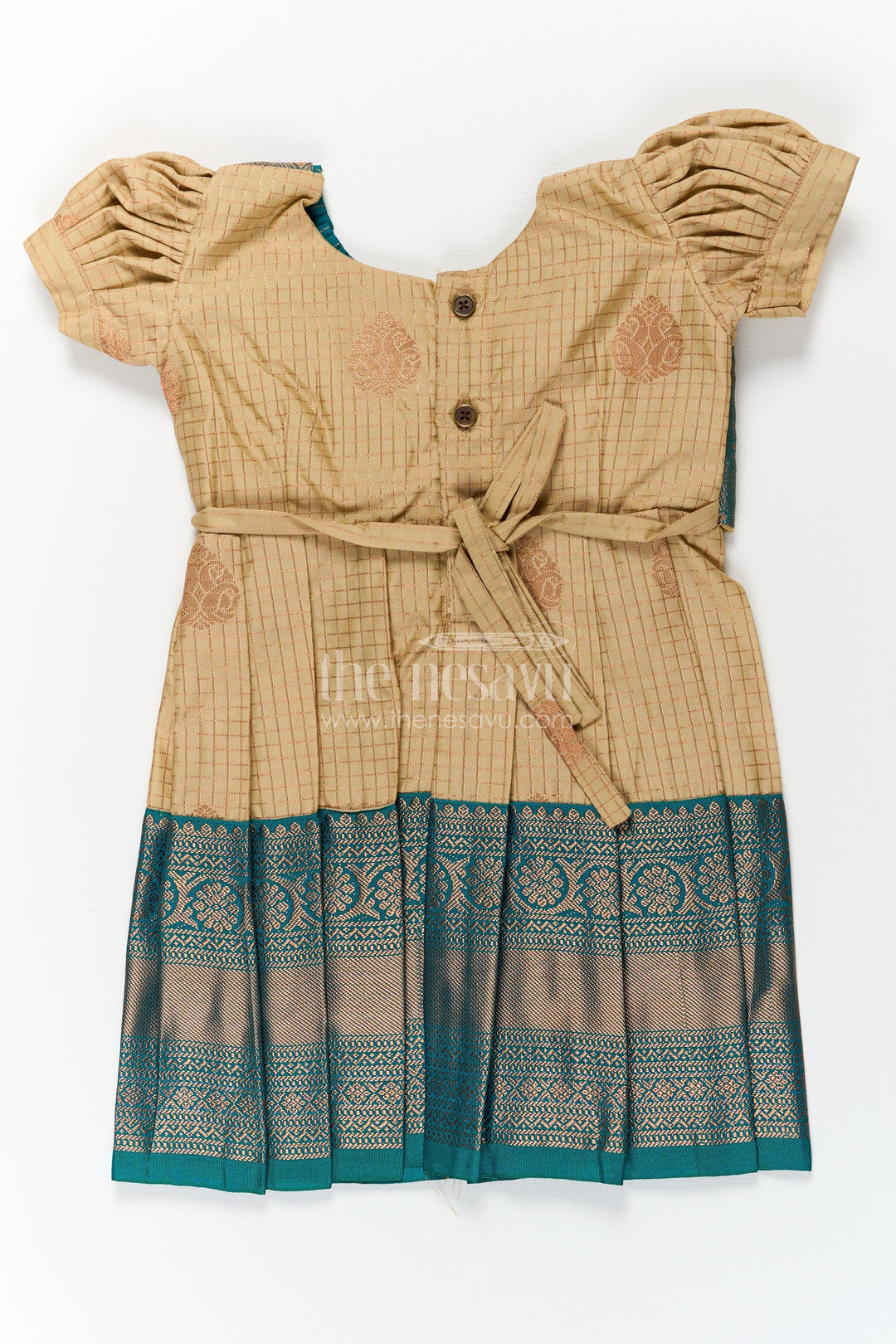 The Nesavu Girls Kanchi Silk Frock Girls Silk Green Dress in Semi Kanchivaram with Puff Sleeves and Brocade Yoke for Traditional Charm Nesavu Girls Silk Green Dress in Semi Kanchivaram with Brocade Yoke and Elegant Puff Sleeve Design | The Nesavu
