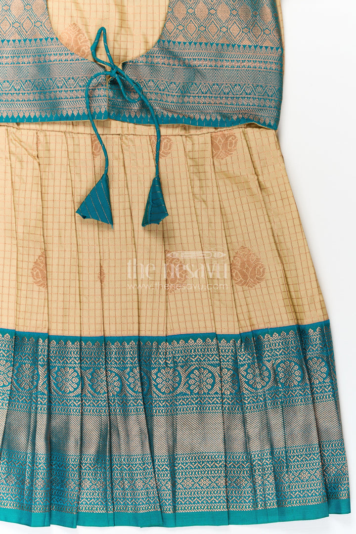 The Nesavu Girls Kanchi Silk Frock Girls Silk Green Dress in Semi Kanchivaram with Puff Sleeves and Brocade Yoke for Traditional Charm Nesavu Nesavu Girls Silk Green Dress in Semi Kanchivaram with Brocade Yoke and Elegant Puff Sleeve Design
