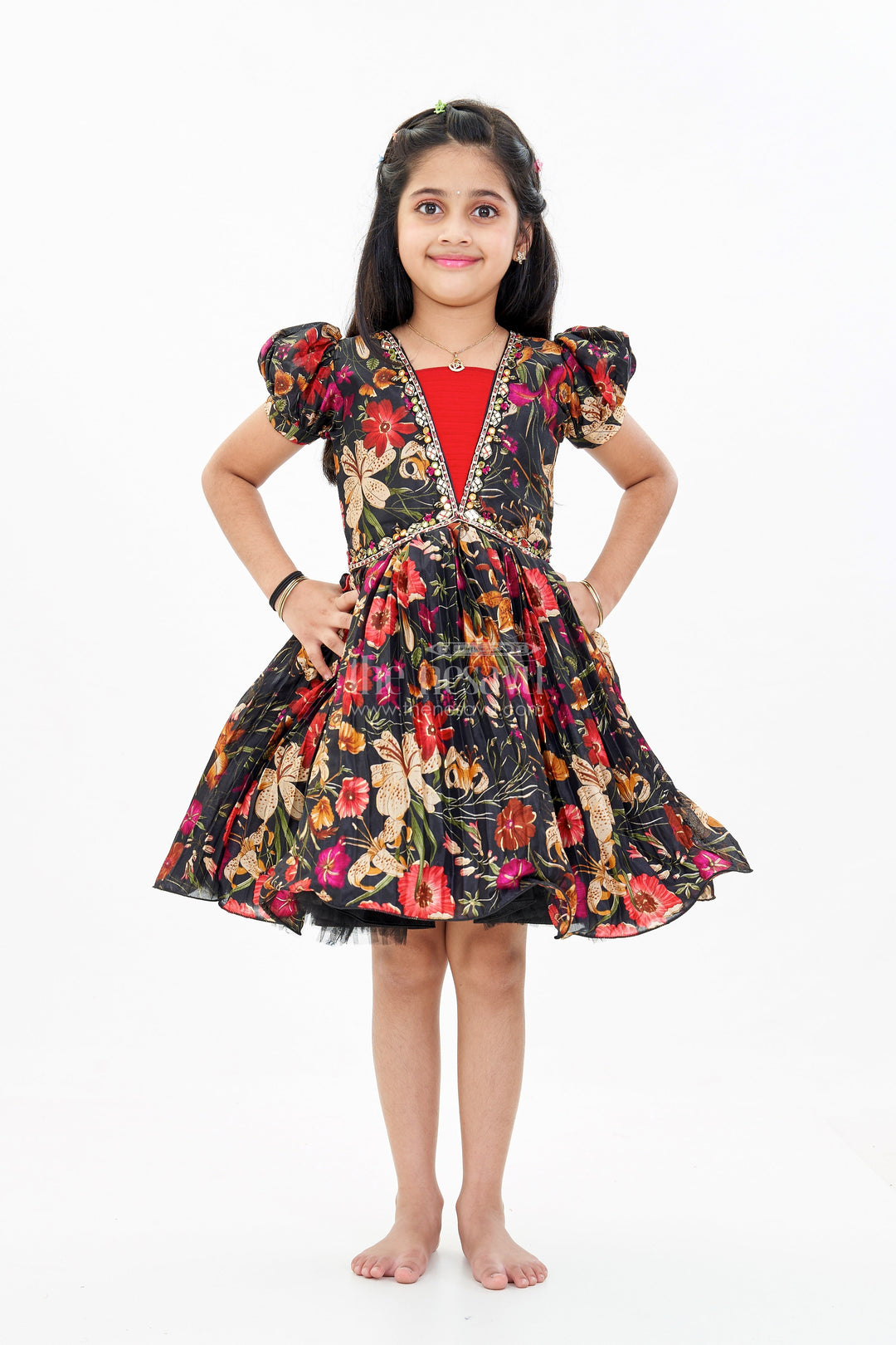 The Nesavu Silk Party Frock Girls Silk Kapde Ki Frock with Floral Chinon Digital Print and Embellished Neckline for Festive Wear Nesavu Girls Silk Kapde Ki Frock Floral Digital Print Embellished Neckline | The Nesavu