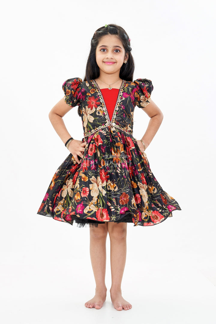 The Nesavu Silk Party Frock Girls Silk Kapde Ki Frock with Floral Chinon Digital Print and Embellished Neckline for Festive Wear Nesavu Girls Silk Kapde Ki Frock Floral Digital Print Embellished Neckline | The Nesavu