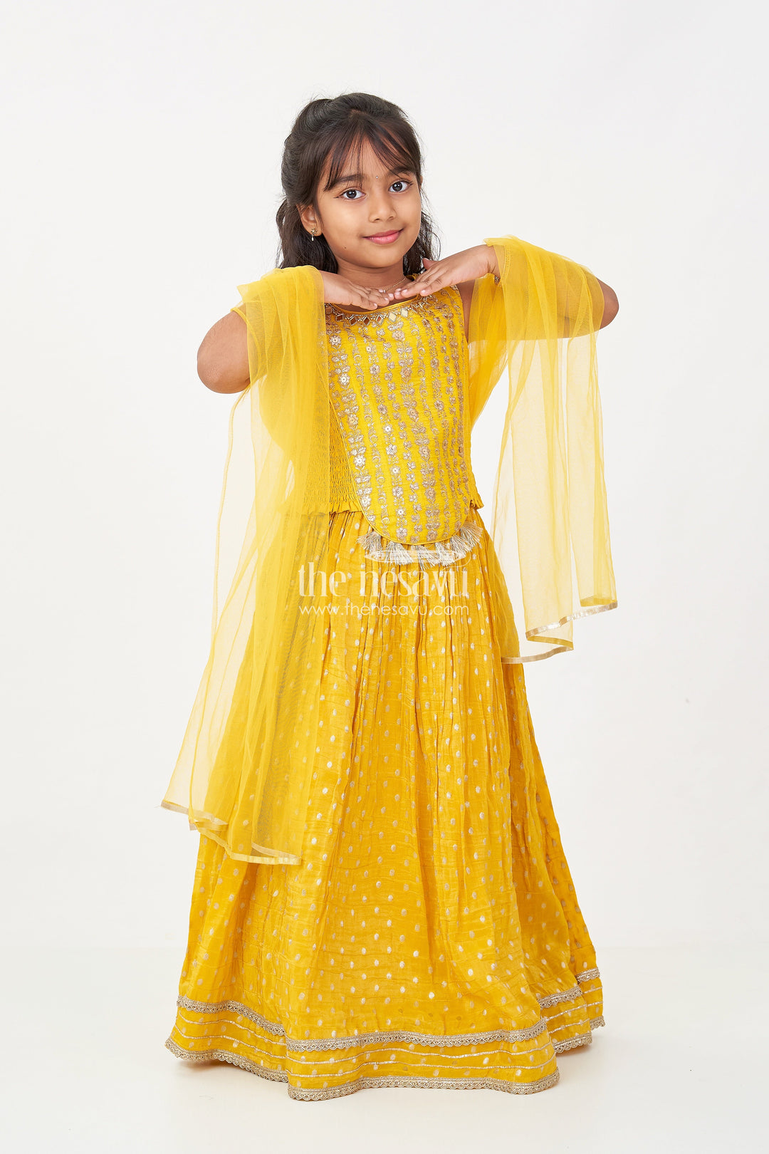 The Nesavu Girls Lehenga Choli Girls Silk Lehenga Dress in Golden Yellow with Designer Embroidery and Dupatta Nesavu 16 (1Y) / Yellow GL631A-16 Nesavu Girls Silk Lehenga Dress Golden Yellow Designer Embroidered Top Dupatta