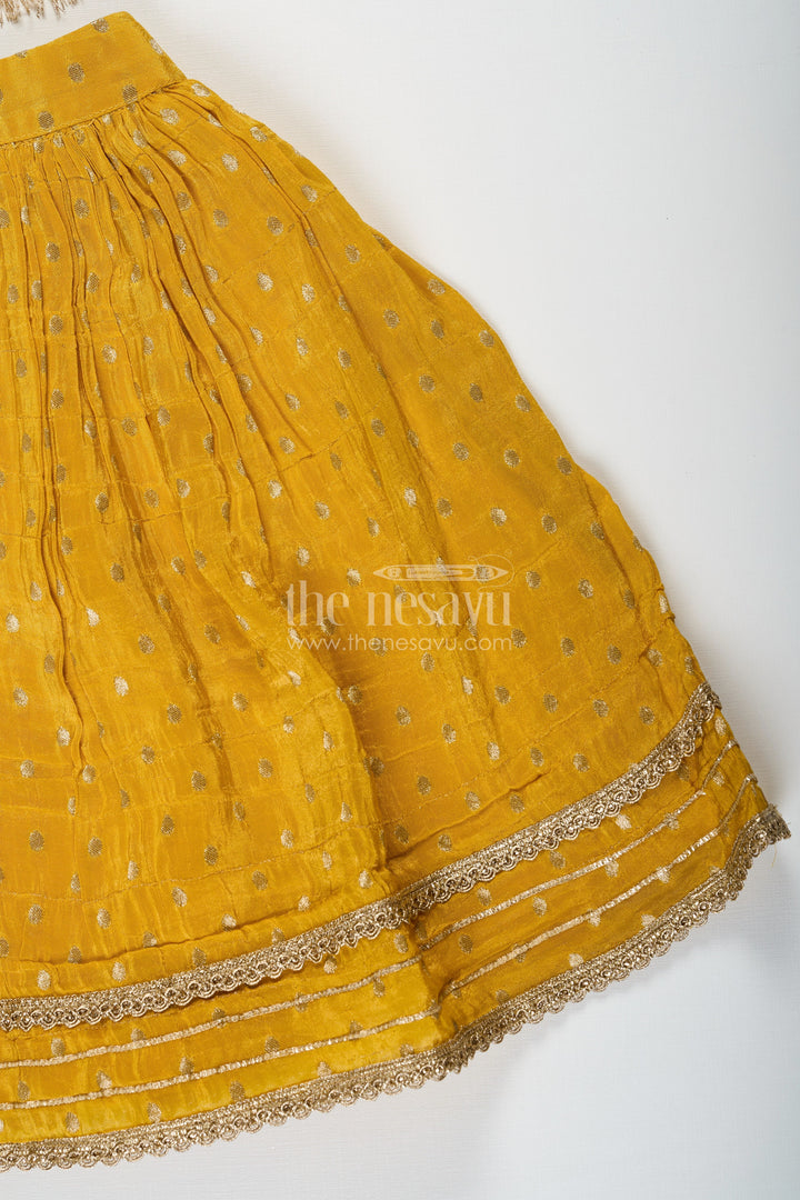 The Nesavu Girls Lehenga Choli Girls Silk Lehenga Dress in Golden Yellow with Designer Embroidery and Dupatta Nesavu Girls Silk Lehenga Dress Golden Yellow Designer Embroidered Top Dupatta | The Nesavu