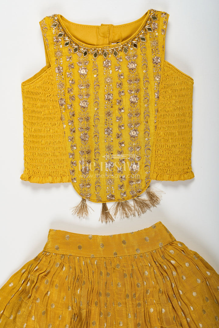 The Nesavu Girls Lehenga Choli Girls Silk Lehenga Dress in Golden Yellow with Designer Embroidery and Dupatta Nesavu Girls Silk Lehenga Dress Golden Yellow Designer Embroidered Top Dupatta | The Nesavu