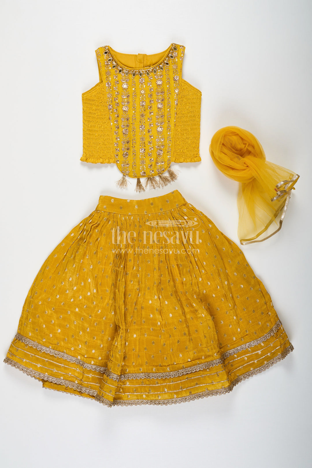 The Nesavu Girls Lehenga Choli Girls Silk Lehenga Dress in Golden Yellow with Designer Embroidery and Dupatta Nesavu Girls Silk Lehenga Dress Golden Yellow Designer Embroidered Top Dupatta | The Nesavu