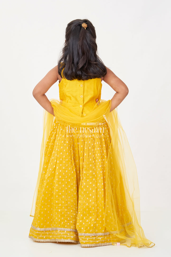 The Nesavu Girls Lehenga Choli Girls Silk Lehenga Dress in Golden Yellow with Designer Embroidery and Dupatta Nesavu Girls Silk Lehenga Dress Golden Yellow Designer Embroidered Top Dupatta | The Nesavu