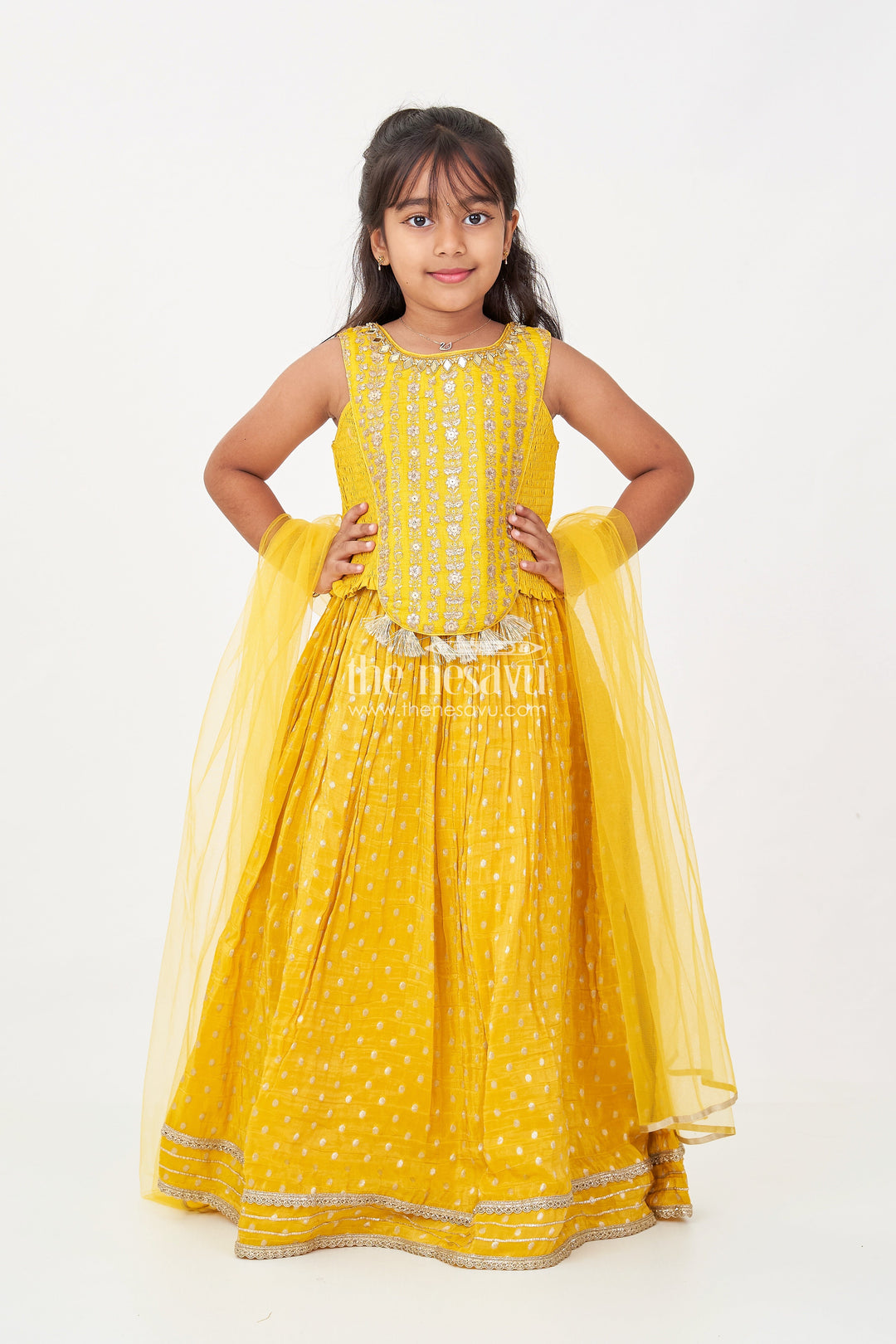 The Nesavu Girls Lehenga Choli Girls Silk Lehenga Dress in Golden Yellow with Designer Embroidery and Dupatta Nesavu Girls Silk Lehenga Dress Golden Yellow Designer Embroidered Top Dupatta | The Nesavu