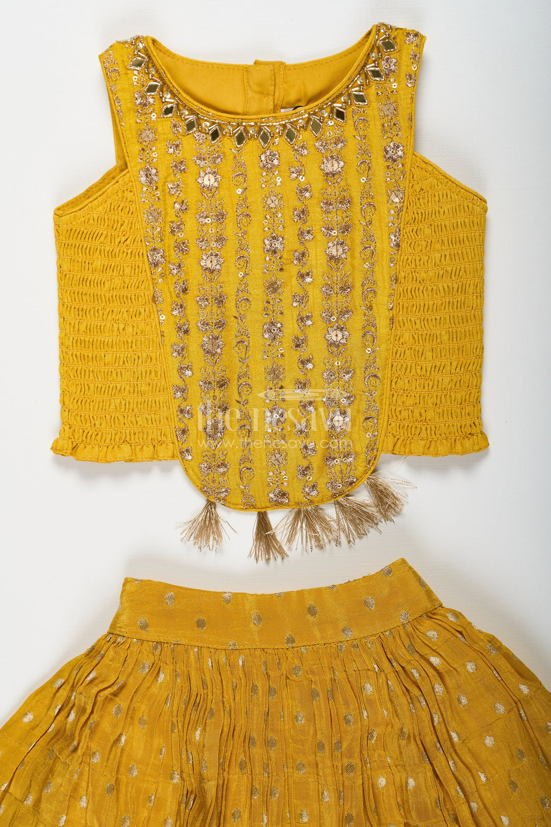 The Nesavu Girls Lehenga Choli Girls Silk Lehenga Dress in Golden Yellow with Designer Embroidery and Dupatta Nesavu Nesavu Girls Silk Lehenga Dress Golden Yellow Designer Embroidered Top Dupatta