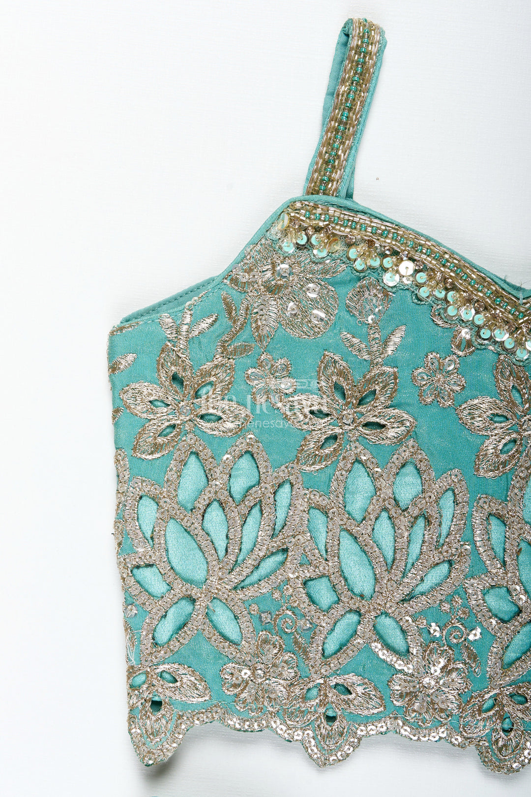 The Nesavu Girls Fancy Lehenga Girls Silk Lehenga with Embroidered Yoke and Pleated Skirt Nesavu Nesavu Aqua Blue Girls Silk Lehenga Gold Floral Embroidery Soft Pleated Viscose Skirt