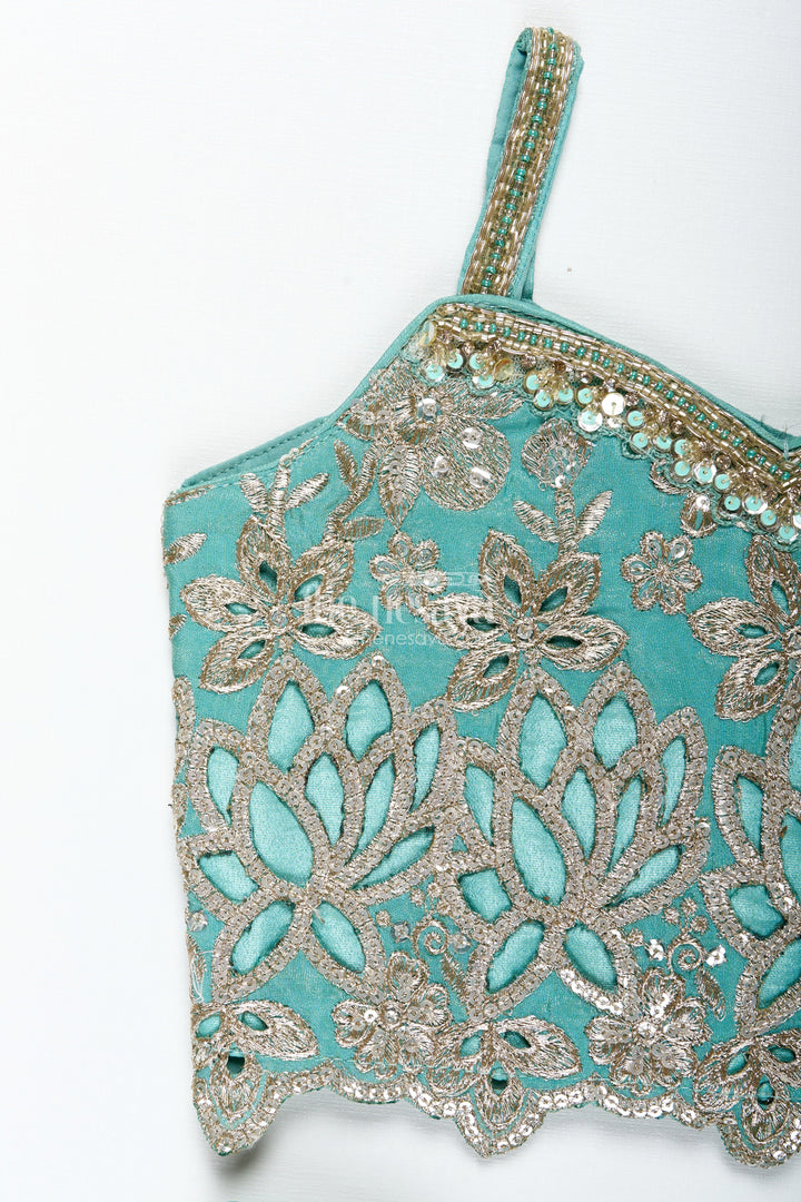 The Nesavu Girls Fancy Lehenga Girls Silk Lehenga with Embroidered Yoke and Pleated Skirt Nesavu Nesavu Aqua Blue Girls Silk Lehenga Gold Floral Embroidery Soft Pleated Viscose Skirt