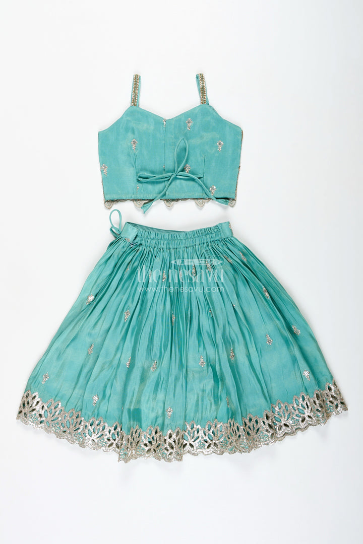 The Nesavu Girls Fancy Lehenga Girls Silk Lehenga with Embroidered Yoke and Pleated Skirt Nesavu Nesavu Aqua Blue Girls Silk Lehenga Gold Floral Embroidery Soft Pleated Viscose Skirt
