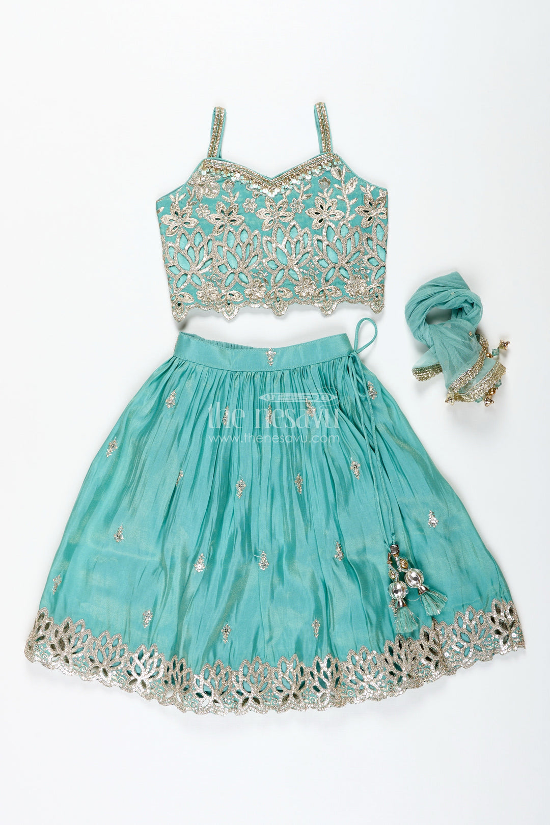 The Nesavu Girls Fancy Lehenga Girls Silk Lehenga with Embroidered Yoke and Pleated Skirt Nesavu Nesavu Aqua Blue Girls Silk Lehenga Gold Floral Embroidery Soft Pleated Viscose Skirt