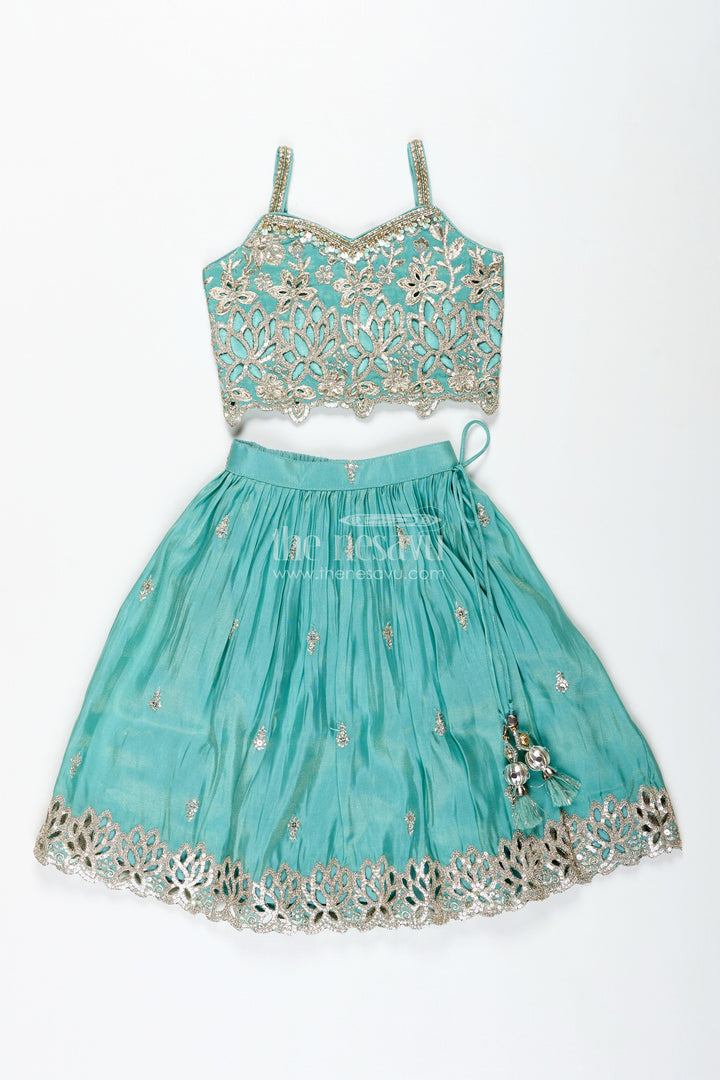 The Nesavu Girls Fancy Lehenga Girls Silk Lehenga with Embroidered Yoke and Pleated Skirt Nesavu Nesavu Aqua Blue Girls Silk Lehenga Gold Floral Embroidery Soft Pleated Viscose Skirt