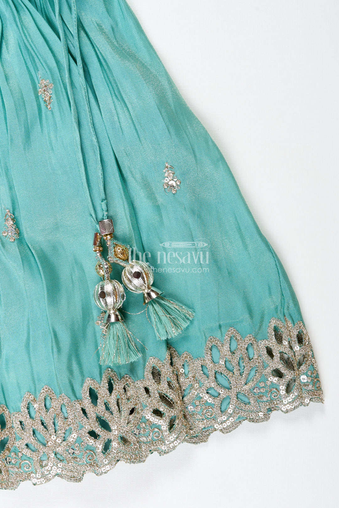 The Nesavu Girls Fancy Lehenga Girls Silk Lehenga with Embroidered Yoke and Pleated Skirt Nesavu Nesavu Aqua Blue Girls Silk Lehenga Gold Floral Embroidery Soft Pleated Viscose Skirt