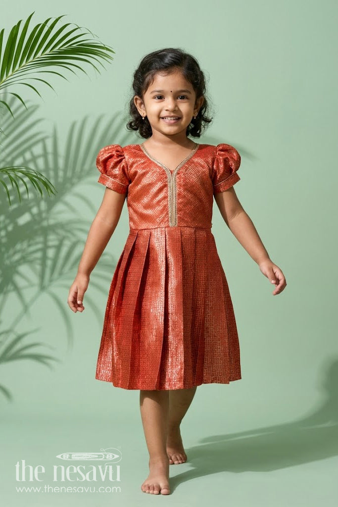 The Nesavu Silk Frock Girls Silk Long Frock Design in Semi Banaras Silk with Rust Orange Zari Brocade and Elegant Pleats Nesavu 20 (3Y) / Orange SF1026C-20 Nesavu Girls Rust Orange Silk Long Frock Design Semi Banaras Silk Brocade Zari Pleated Skirt