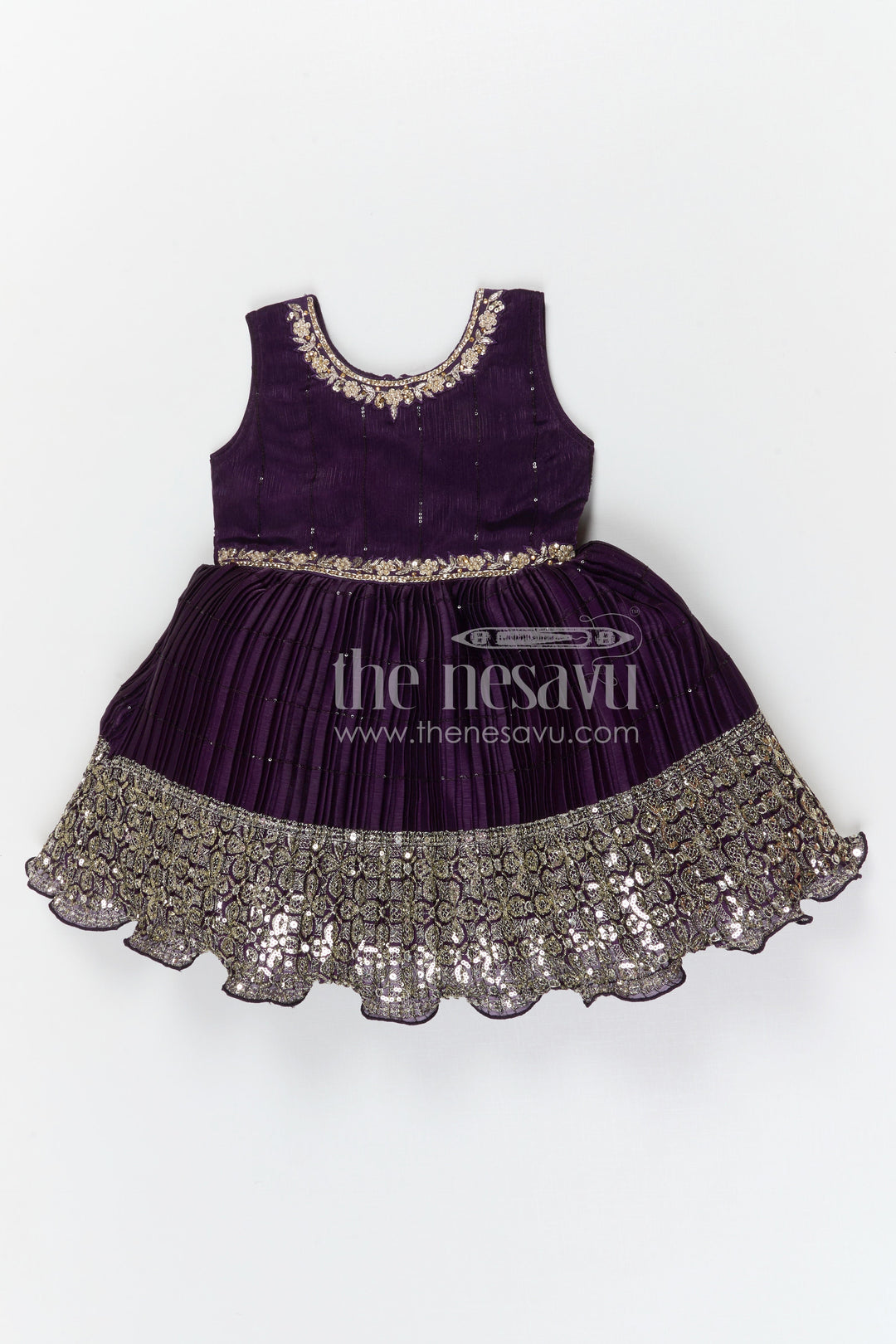 The Nesavu Silk Party Frock Girls Silk Party Frock for Weddings and Grand Celebrations Nesavu 18 (2Y) / Purple / Chinnon SF1140A-18 Nesavu girls chinnon silk party frock with sequin embroidery for weddings