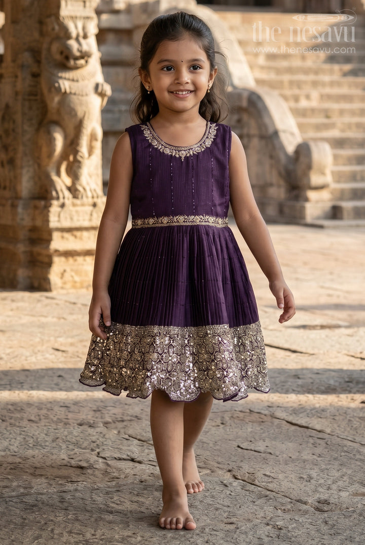 The Nesavu Silk Party Frock Girls Silk Party Frock for Weddings and Grand Celebrations Nesavu 18 (2Y) / Purple / Chinnon SF1140A-18 Nesavu girls chinnon silk party frock with sequin embroidery for weddings
