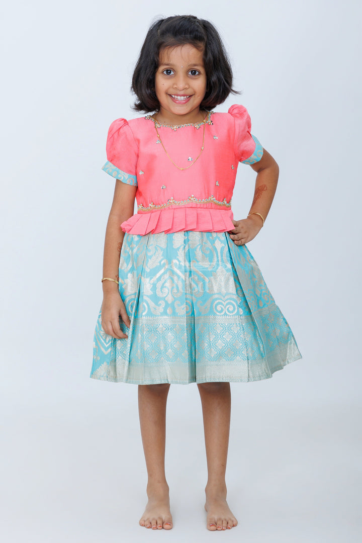 The Nesavu Silk Party Frock Girls Silk Party Frock in Pink and Green with Puff Sleeves and Brocade Skirt Nesavu 16 (1Y) / Rose SF930A-16 Nesavu Girls Pink Green Silk Party Frock Puff Sleeves Brocade Skirt