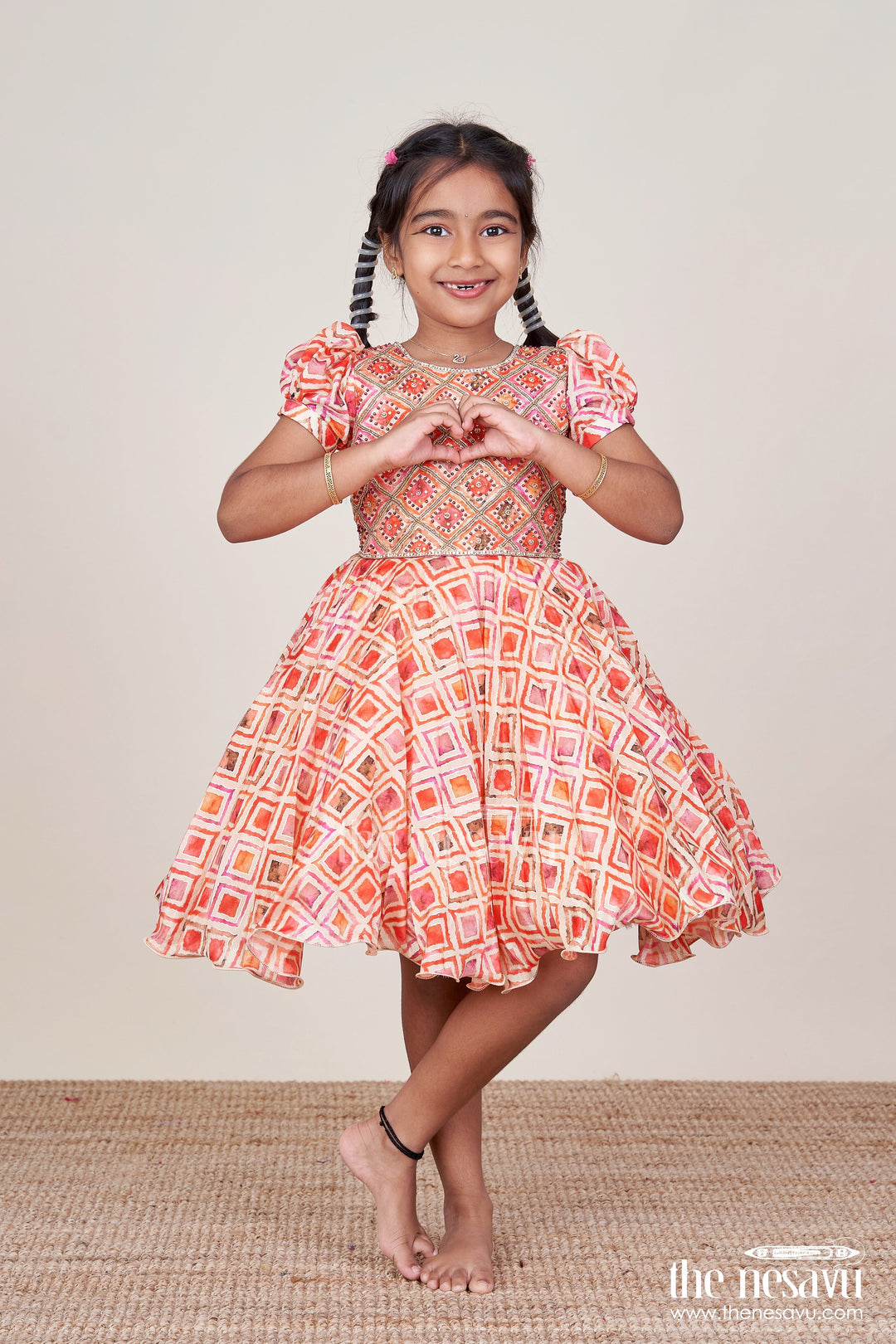 The Nesavu Silk Party Frock Girls Silk Party Frock with Beads and Digital Print Design Nesavu 18 (2Y) / Orange SF1076A-18 Nesavu silk party frock girls beads digital print
