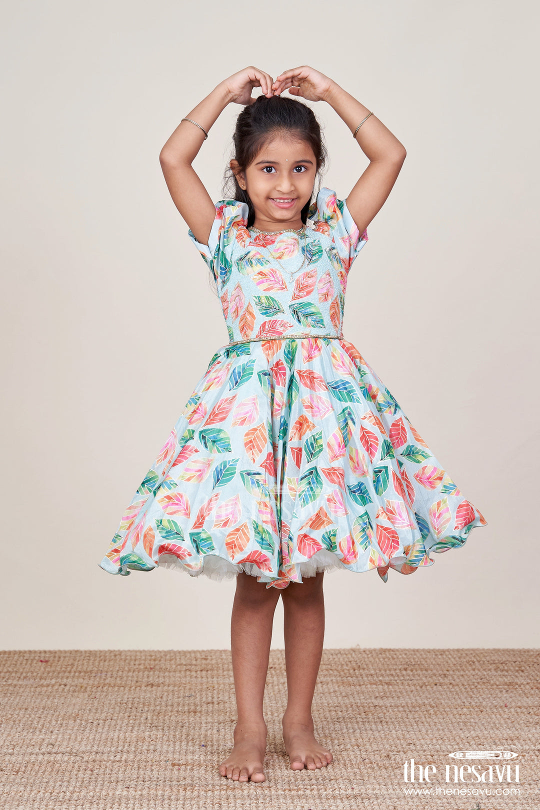 The Nesavu Silk Party Frock Girls Silk Party Frock with Beads and Leafy Digital Print Nesavu 18 (2Y) / Green SF1077A-18 Nesavu girls silk party frock leafy digital print beads