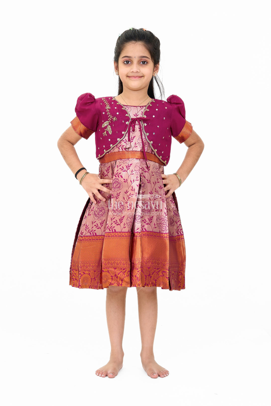 The Nesavu Silk Party Frock Girls Silk Party Frock with Floral Motif and Contrast Shrug for a Regal Look Nesavu 16 (1Y) / Maroon SF956A-16 Girls Frock Model Silk Floral Motif Embellished Shrug Nesavu