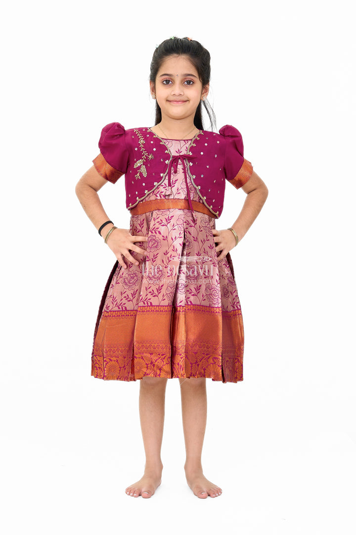 The Nesavu Silk Party Frock Girls Silk Party Frock with Floral Motif and Contrast Shrug for a Regal Look Nesavu 16 (1Y) / Maroon SF956A-16 Girls Frock Model Silk Floral Motif Embellished Shrug | The Nesavu