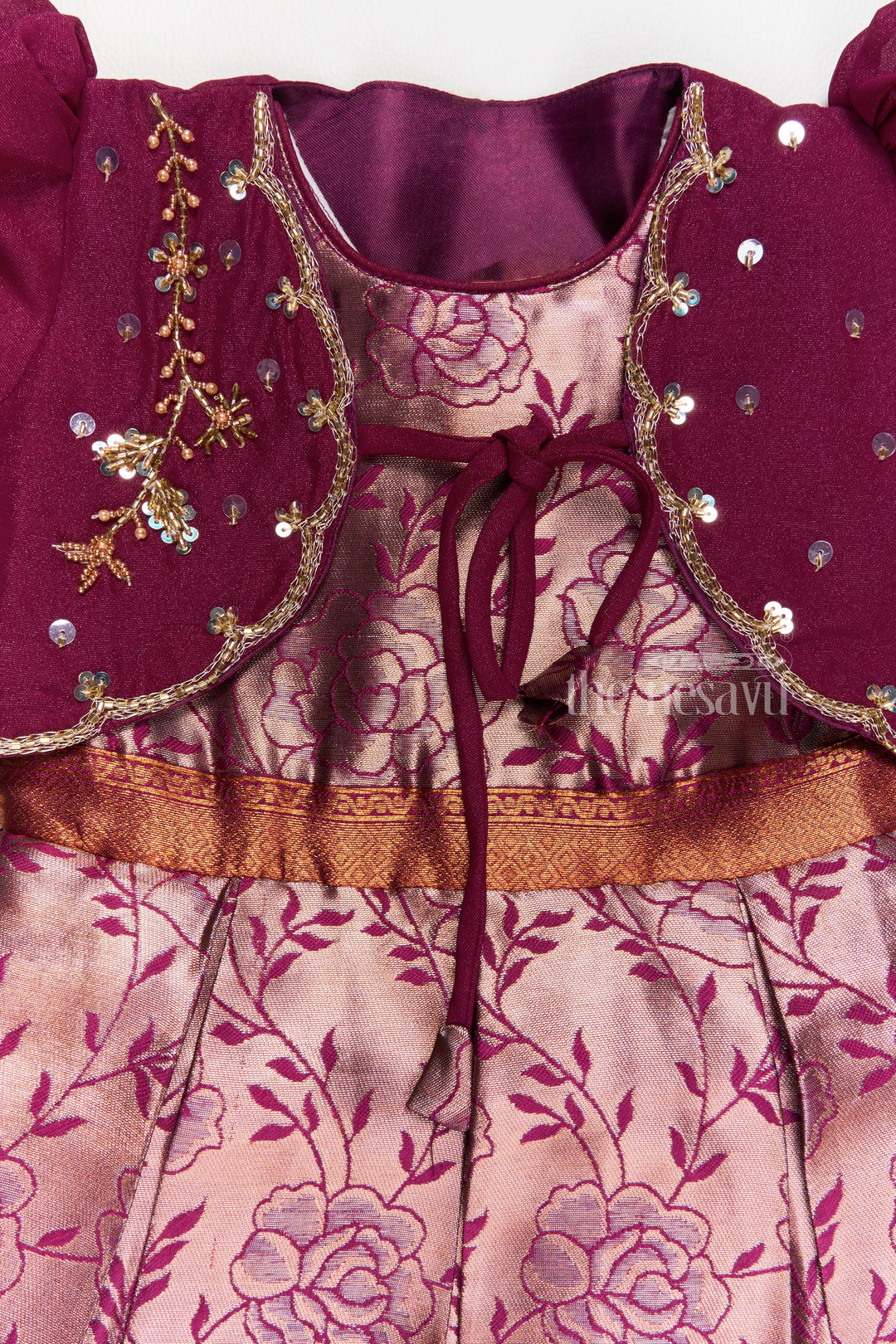 The Nesavu Silk Party Frock Girls Silk Party Frock with Floral Motif and Contrast Shrug for a Regal Look Nesavu Girls Frock Model Silk Floral Motif Embellished Shrug | The Nesavu