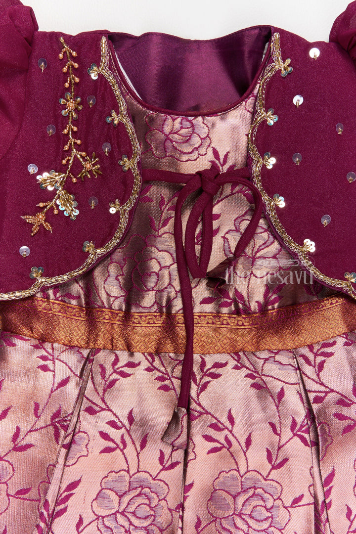 The Nesavu Silk Party Frock Girls Silk Party Frock with Floral Motif and Contrast Shrug for a Regal Look Nesavu Girls Frock Model Silk Floral Motif Embellished Shrug | The Nesavu