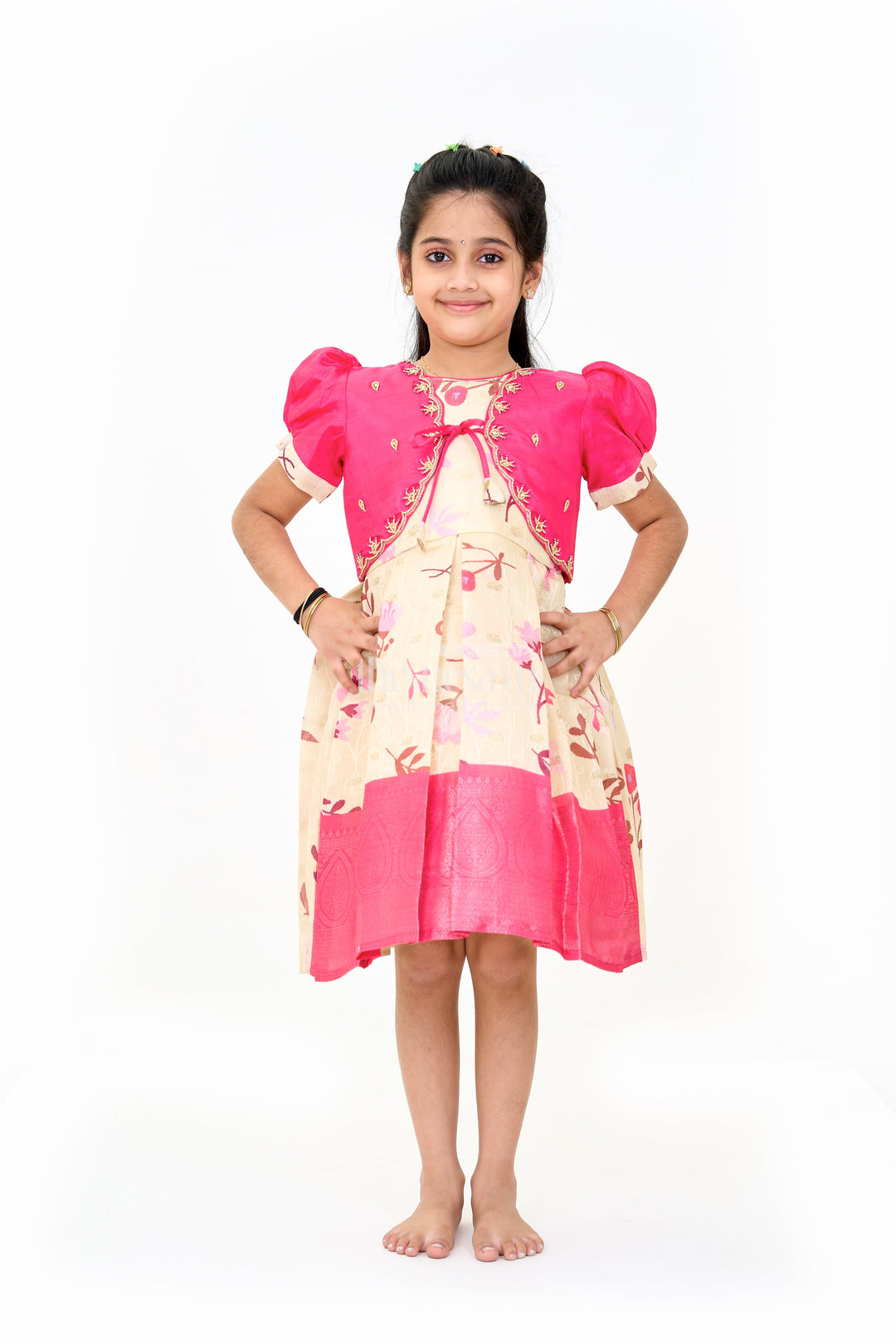 The Nesavu Silk Party Frock Girls Silk Party Frock with Puff Sleeves and Embroidered Jacket in Pink and Cream Nesavu 16 (1Y) / Pink SF962A-16 Girls Silk Party Frock Puff Sleeves Embroidered Jacket Pink Cream | The Nesavu