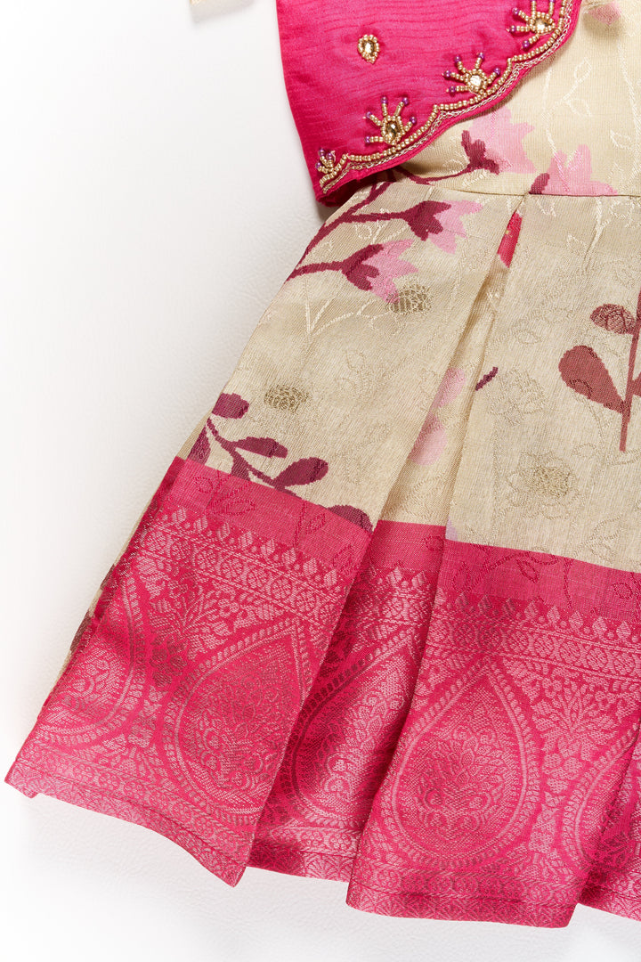 The Nesavu Silk Party Frock Girls Silk Party Frock with Puff Sleeves and Embroidered Jacket in Pink and Cream Nesavu Girls Silk Party Frock Puff Sleeves Embroidered Jacket Pink Cream | The Nesavu