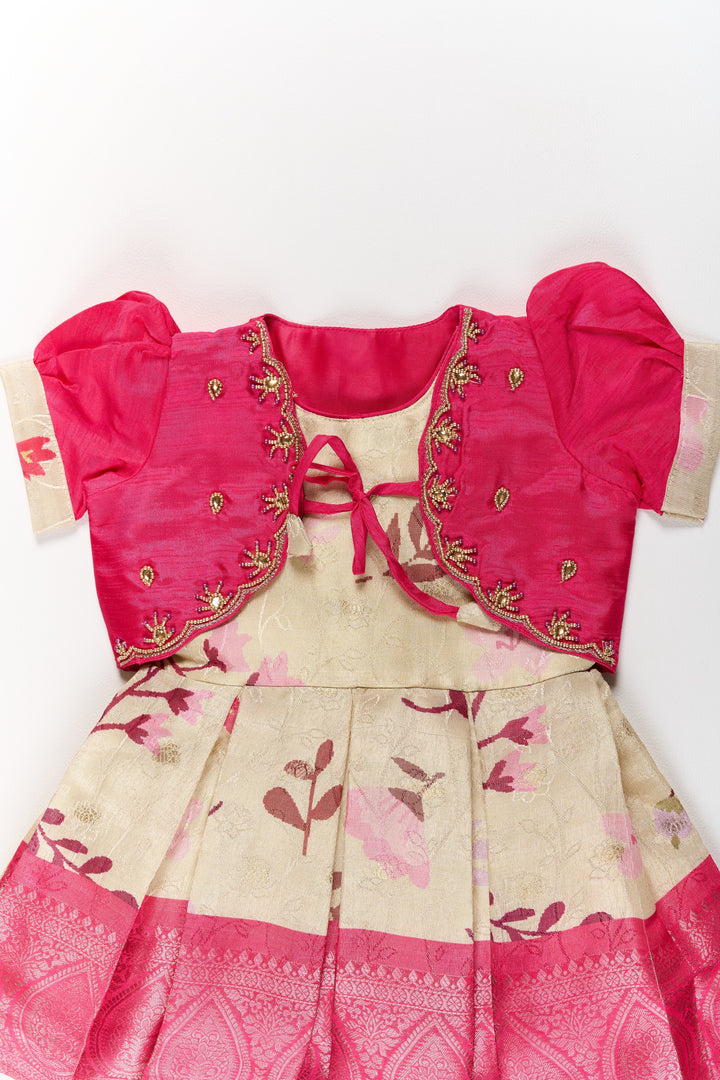 The Nesavu Silk Party Frock Girls Silk Party Frock with Puff Sleeves and Embroidered Jacket in Pink and Cream Nesavu Girls Silk Party Frock Puff Sleeves Embroidered Jacket Pink Cream | The Nesavu