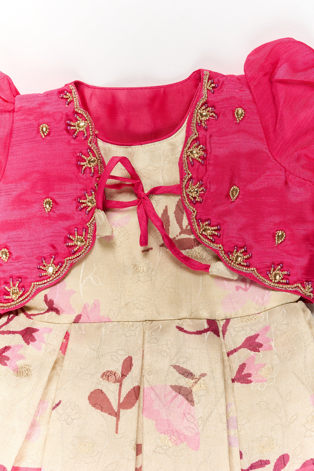 The Nesavu Silk Party Frock Girls Silk Party Frock with Puff Sleeves and Embroidered Jacket in Pink and Cream Nesavu Girls Silk Party Frock Puff Sleeves Embroidered Jacket Pink Cream | The Nesavu