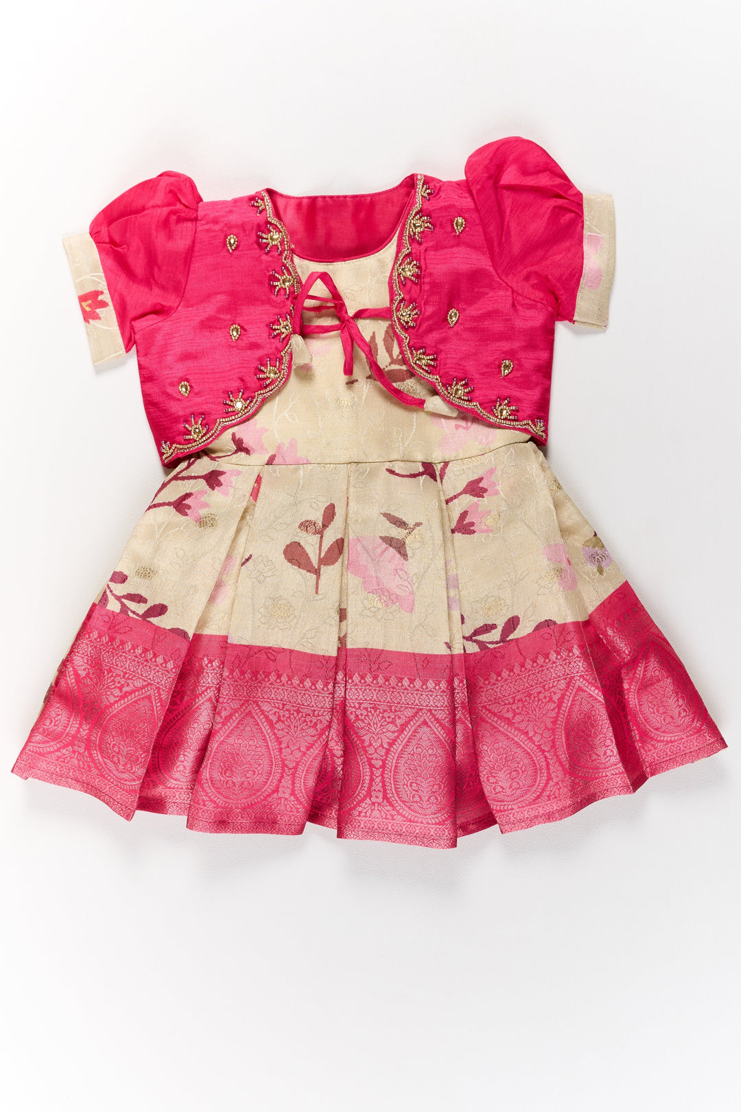 The Nesavu Silk Party Frock Girls Silk Party Frock with Puff Sleeves and Embroidered Jacket in Pink and Cream Nesavu Girls Silk Party Frock Puff Sleeves Embroidered Jacket Pink Cream | The Nesavu