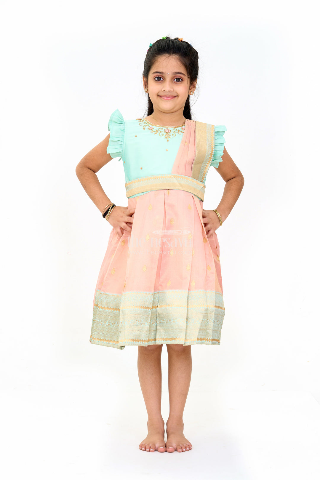 The Nesavu Silk Party Frock Girls Silk Party Frock with Puff Sleeves and Traditional Border Design Nesavu 16 (1Y) / Blue SF955A-16 Girls Silk Party Frock Puff Sleeves Zari Border | The Nesavu