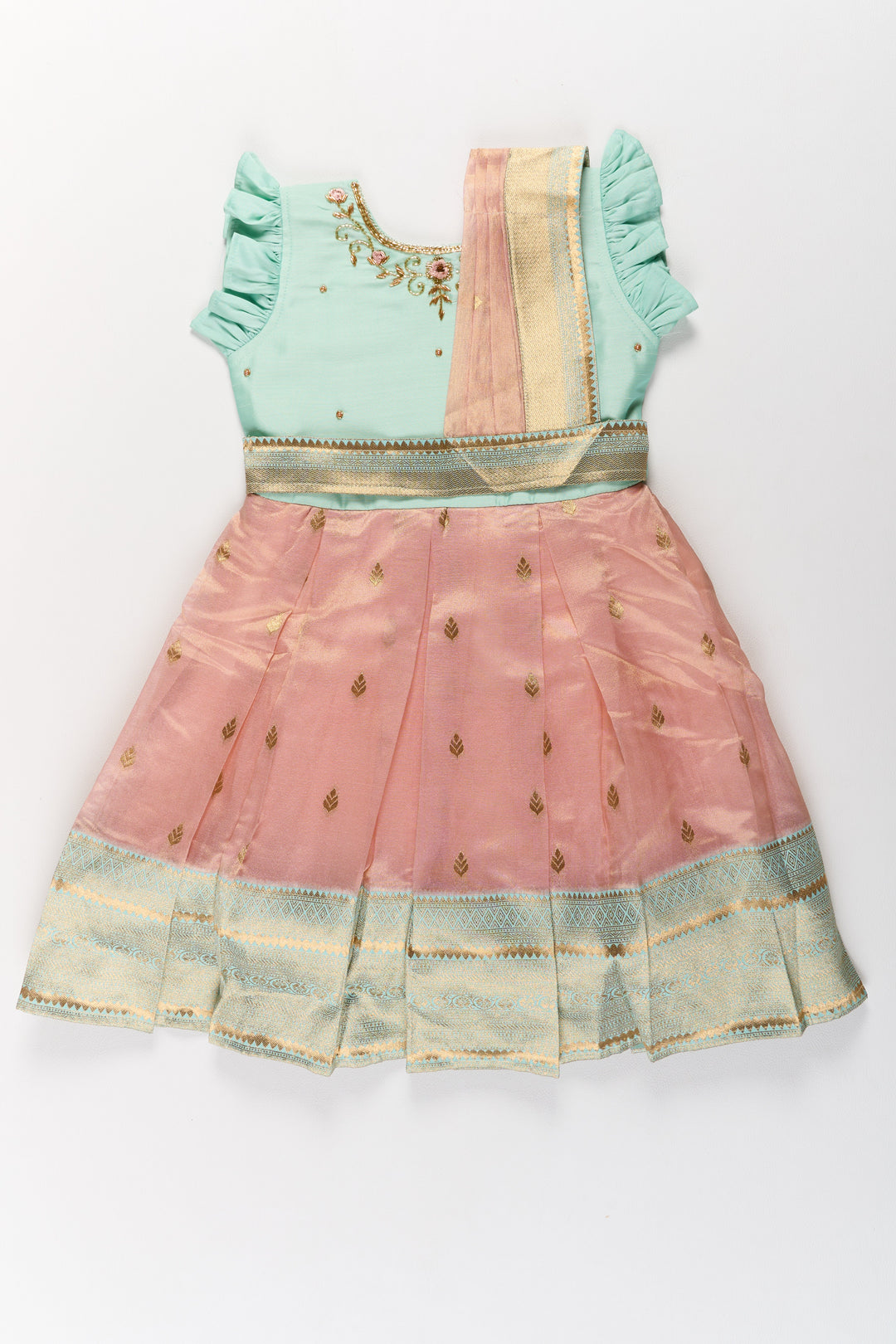 The Nesavu Silk Party Frock Girls Silk Party Frock with Puff Sleeves and Traditional Border Design Nesavu 16 (1Y) / Blue SF955A-16 Nesavu Girls Silk Party Frock Puff Sleeves Zari Border