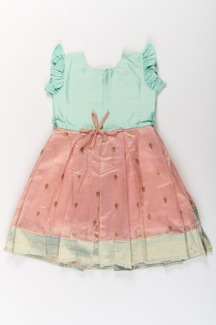 The Nesavu Silk Party Frock Girls Silk Party Frock with Puff Sleeves and Traditional Border Design Nesavu Girls Silk Party Frock Puff Sleeves Zari Border | The Nesavu