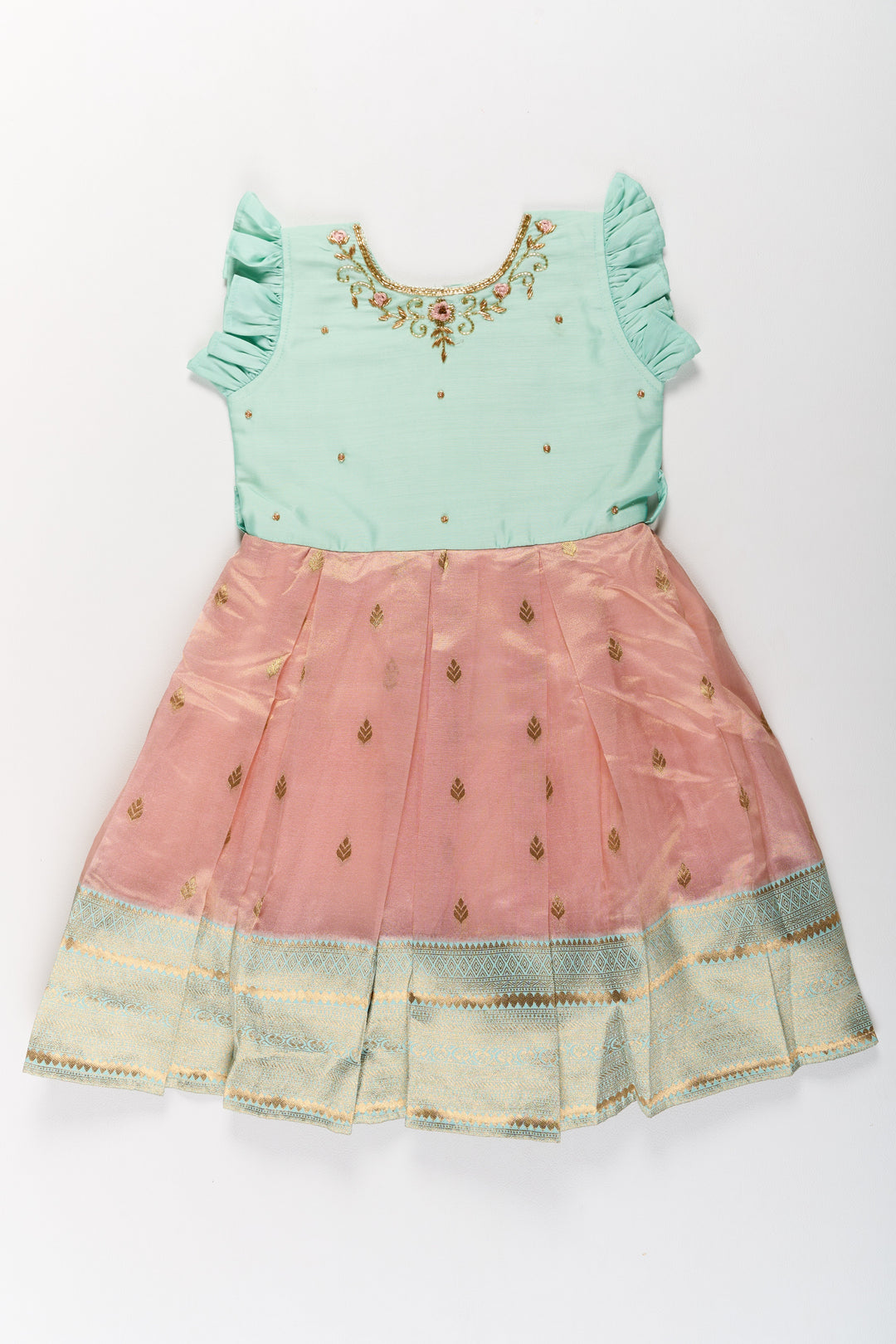 The Nesavu Silk Party Frock Girls Silk Party Frock with Puff Sleeves and Traditional Border Design Nesavu Girls Silk Party Frock Puff Sleeves Zari Border | The Nesavu